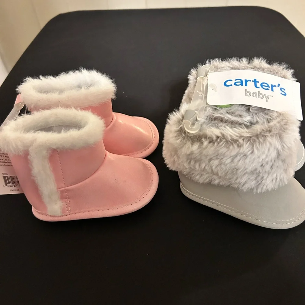 NWT Two Pr Carter's Pink and Gray Baby Booties Size 0-3 Months